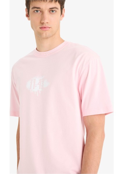 %100 Pamuk Boxy Fit Bisiklet Yaka Baskılı Kısa Kollu Tişört F6123AX25SM