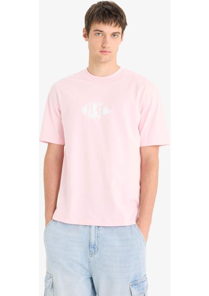 %100 Pamuk Boxy Fit Bisiklet Yaka Baskılı Kısa Kollu Tişört F6123AX25SM