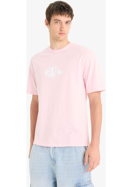 %100 Pamuk Boxy Fit Bisiklet Yaka Baskılı Kısa Kollu Tişört F6123AX25SM