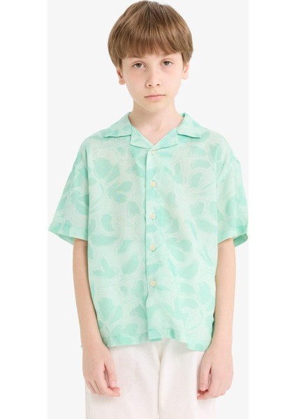 Erkek Çocuk Oversize Geniş Kalıp Polo Yaka Desenli Viskon Kısa Kollu Gömlek F5672A825HS
