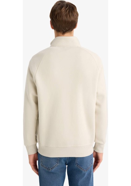 Boxy Fit Dik Yaka Baskılı İçi Yumuşak Tüylü Cepli Fermuarlı Sweatshirt E1367AX25AU