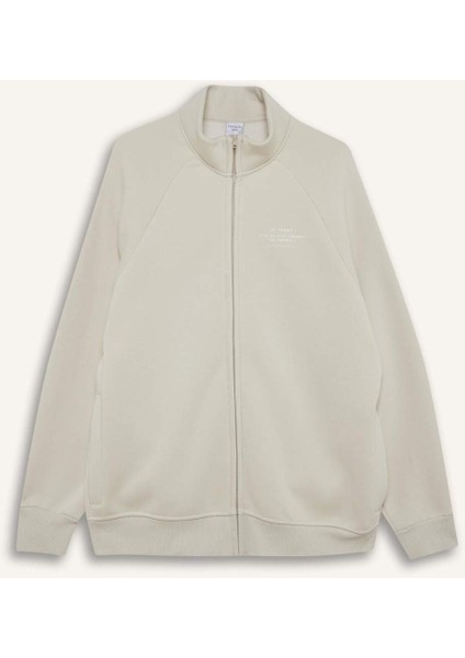 Boxy Fit Dik Yaka Baskılı İçi Yumuşak Tüylü Cepli Fermuarlı Sweatshirt E1367AX25AU