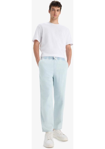 %100 Pamuk Wide Leg Beli Bağcıklı Lastikli Geniş Paça Jean Pantolon C2045AX25AU