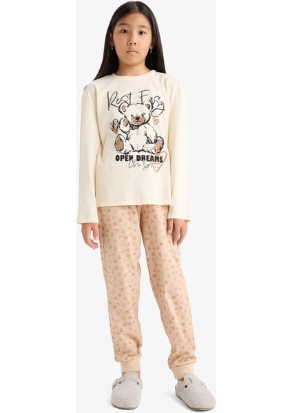 Kız Çocuk Pijama Takımı Baskılı Uzun Kollu Üst Desenli Uzun Alt F6216A825WN