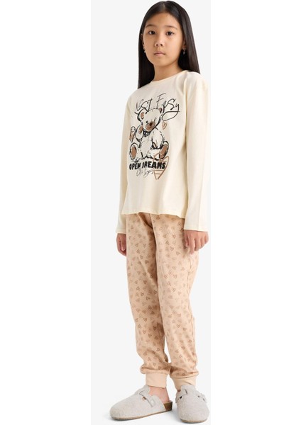 Kız Çocuk Pijama Takımı Baskılı Uzun Kollu Üst Desenli Uzun Alt F6216A825WN