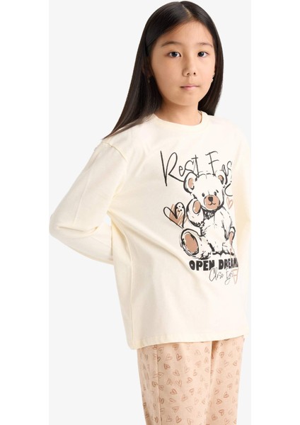 Kız Çocuk Pijama Takımı Baskılı Uzun Kollu Üst Desenli Uzun Alt F6216A825WN