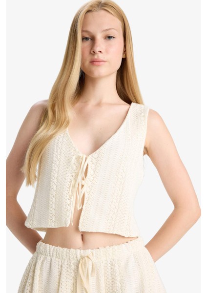 Coool Loose Fit V Yaka Triko Görünümlü Önden Bağlamalı Kolsuz Bluz F6260AX25SM