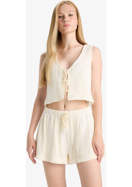 Coool Loose Fit V Yaka Triko Görünümlü Önden Bağlamalı Kolsuz Bluz F6260AX25SM