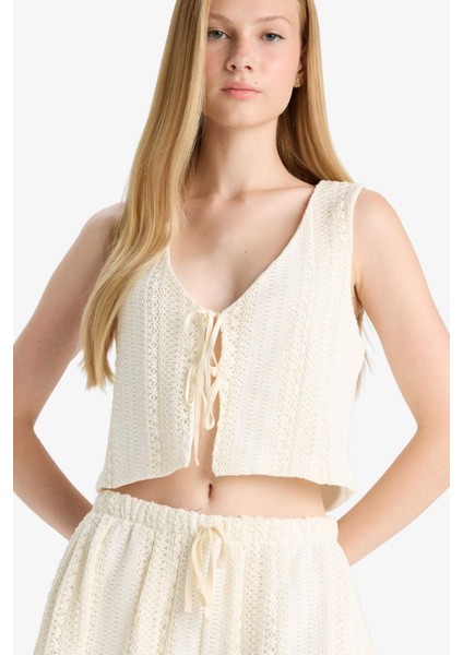 Coool Loose Fit V Yaka Triko Görünümlü Önden Bağlamalı Kolsuz Bluz F6260AX25SM