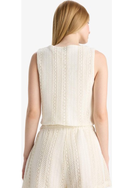 Coool Loose Fit V Yaka Triko Görünümlü Önden Bağlamalı Kolsuz Bluz F6260AX25SM