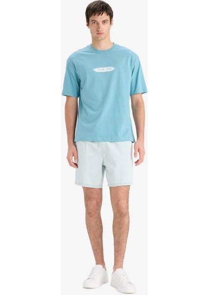 %100 Pamuk Boxy Fit Bisiklet Yaka Baskılı Kısa Kollu Tişört F6122AX25SM