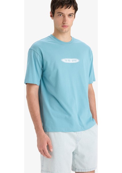 %100 Pamuk Boxy Fit Bisiklet Yaka Baskılı Kısa Kollu Tişört F6122AX25SM