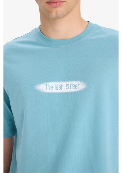 %100 Pamuk Boxy Fit Bisiklet Yaka Baskılı Kısa Kollu Tişört F6122AX25SM