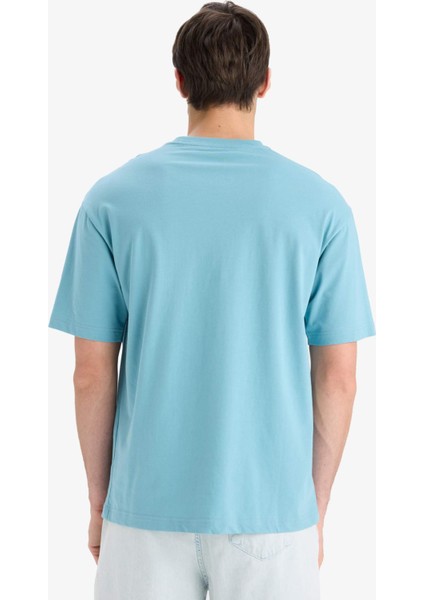 %100 Pamuk Boxy Fit Bisiklet Yaka Baskılı Kısa Kollu Tişört F6122AX25SM