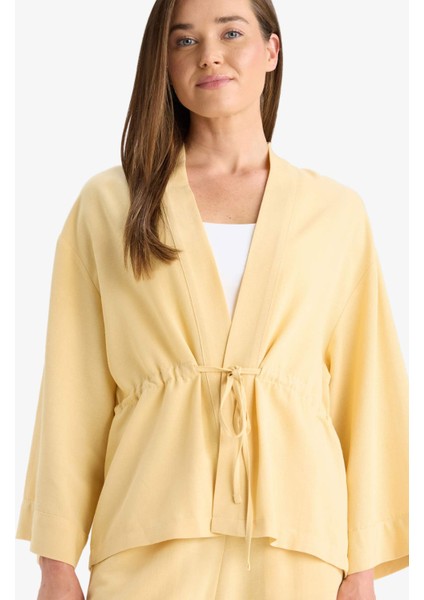 Relax Fit V Yaka Büzgülü Keten Karışımlı Uzun Kollu Gömlek F6151AX25HS