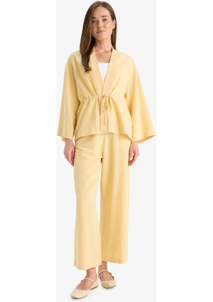 Relax Fit V Yaka Büzgülü Keten Karışımlı Uzun Kollu Gömlek F6151AX25HS