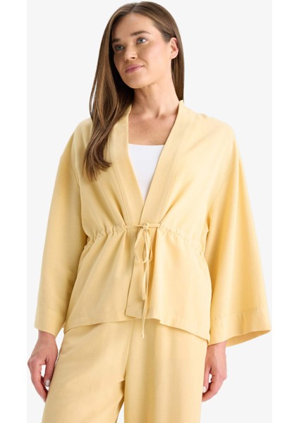 Relax Fit V Yaka Büzgülü Keten Karışımlı Uzun Kollu Gömlek F6151AX25HS