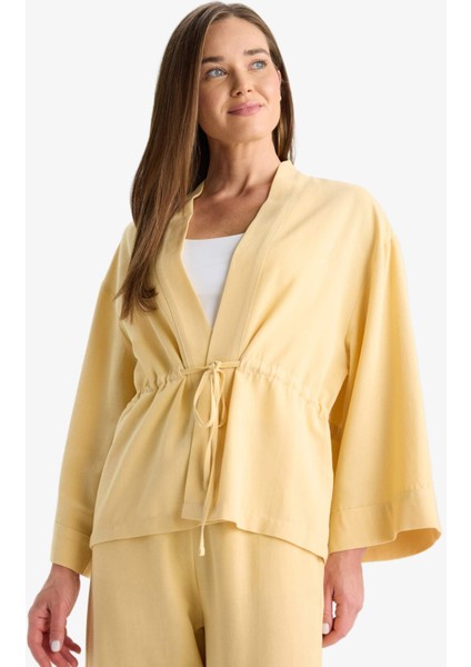 Relax Fit V Yaka Büzgülü Keten Karışımlı Uzun Kollu Gömlek F6151AX25HS