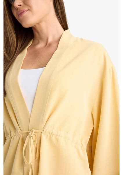 Relax Fit V Yaka Büzgülü Keten Karışımlı Uzun Kollu Gömlek F6151AX25HS