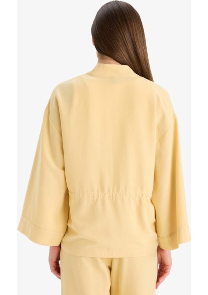 Relax Fit V Yaka Büzgülü Keten Karışımlı Uzun Kollu Gömlek F6151AX25HS