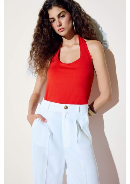 Slim Fit Dar Kesim Crop Halter Yaka Kırmızı Bluz F6279AX25SM