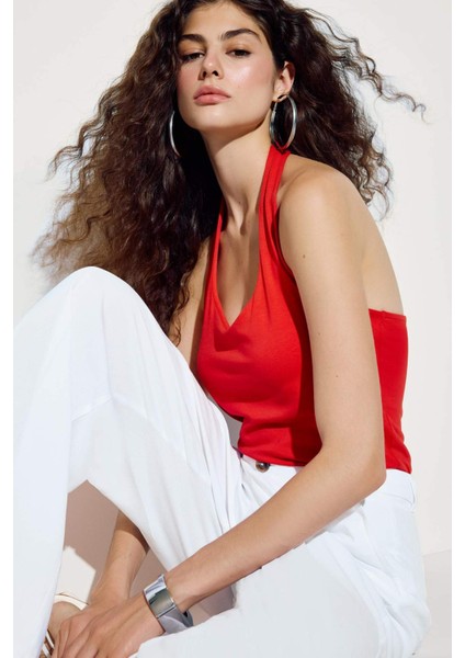 Slim Fit Dar Kesim Crop Halter Yaka Kırmızı Bluz F6279AX25SM