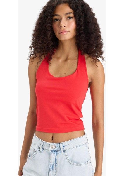 Slim Fit Dar Kesim Crop Halter Yaka Kırmızı Bluz F6279AX25SM