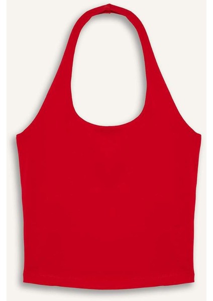 Slim Fit Dar Kesim Crop Halter Yaka Kırmızı Bluz F6279AX25SM