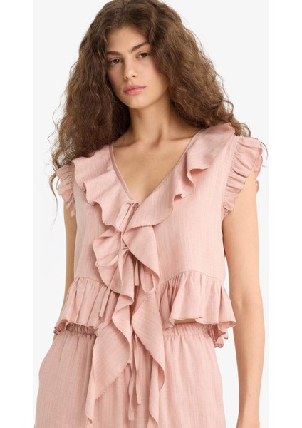 Regular Fit Dokulu Fırfırlı Kolsuz Bluz F4628AX25HS