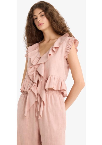 Regular Fit Dokulu Fırfırlı Kolsuz Bluz F4628AX25HS