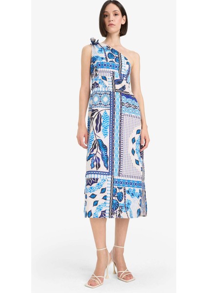 Regular Fit Tropikal Desenli Tek Omuzlu Poplin Plaj Elbisesi-Fall in Love F6296AX25HS