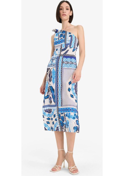 Regular Fit Tropikal Desenli Tek Omuzlu Poplin Plaj Elbisesi-Fall in Love F6296AX25HS