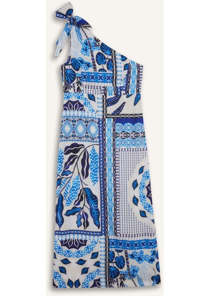 Regular Fit Tropikal Desenli Tek Omuzlu Poplin Plaj Elbisesi-Fall in Love F6296AX25HS