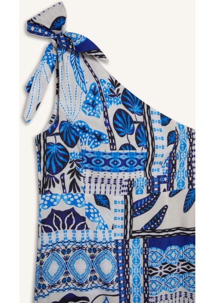 Regular Fit Tropikal Desenli Tek Omuzlu Poplin Plaj Elbisesi-Fall in Love F6296AX25HS