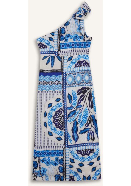 Regular Fit Tropikal Desenli Tek Omuzlu Poplin Plaj Elbisesi-Fall in Love F6296AX25HS