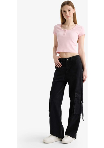 Coool Fitted Yuvarlak Yaka Crop Fitilli Kaşkorse Kısa Kollu Tişört F5185AX25SM