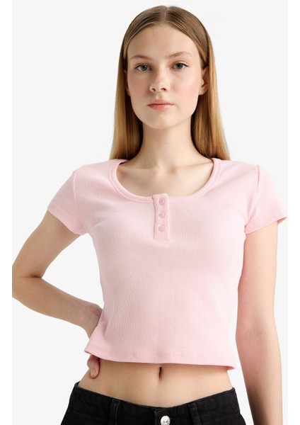 Coool Fitted Yuvarlak Yaka Crop Fitilli Kaşkorse Kısa Kollu Tişört F5185AX25SM