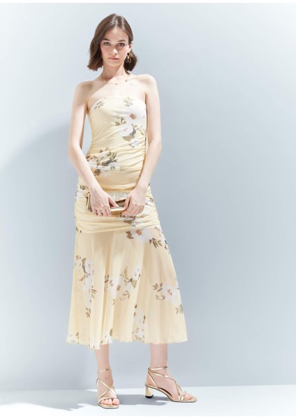 Coool Bodycon Vücudu Saran Straplez Çiçek Desenli Tül Maxi Elbise F5577AX25SM