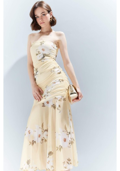 Coool Bodycon Vücudu Saran Straplez Çiçek Desenli Tül Maxi Elbise F5577AX25SM