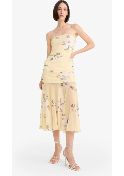 Coool Bodycon Vücudu Saran Straplez Çiçek Desenli Tül Maxi Elbise F5577AX25SM