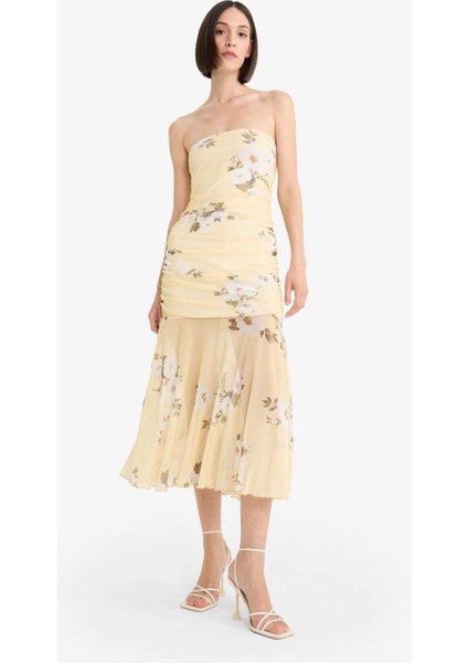 Coool Bodycon Vücudu Saran Straplez Çiçek Desenli Tül Maxi Elbise F5577AX25SM