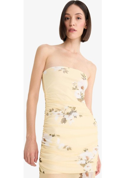 Coool Bodycon Vücudu Saran Straplez Çiçek Desenli Tül Maxi Elbise F5577AX25SM