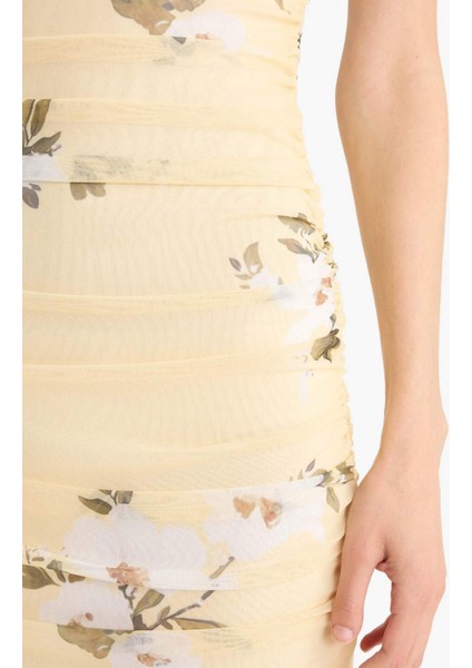 Coool Bodycon Vücudu Saran Straplez Çiçek Desenli Tül Maxi Elbise F5577AX25SM