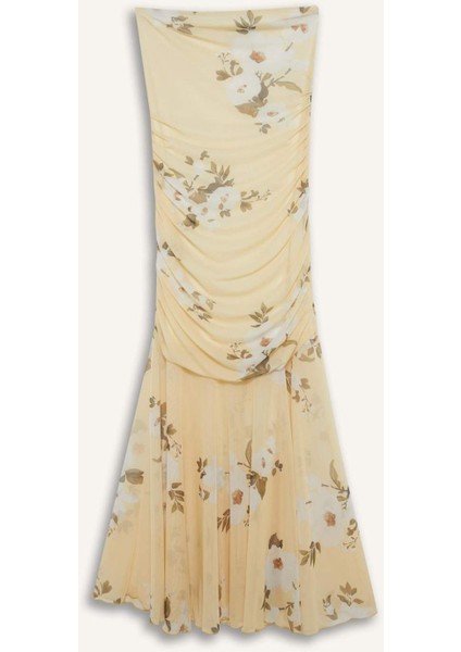 Coool Bodycon Vücudu Saran Straplez Çiçek Desenli Tül Maxi Elbise F5577AX25SM