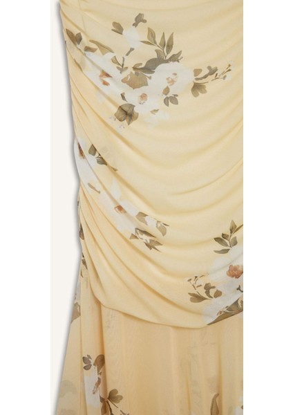 Coool Bodycon Vücudu Saran Straplez Çiçek Desenli Tül Maxi Elbise F5577AX25SM