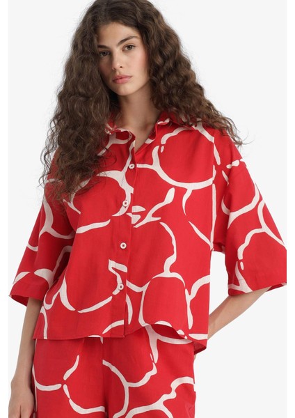 Oversize Geniş Kalıp Desenli Yarım Kollu Gömlek F5338AX25HS