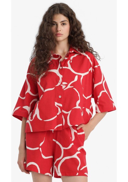 Oversize Geniş Kalıp Desenli Yarım Kollu Gömlek F5338AX25HS