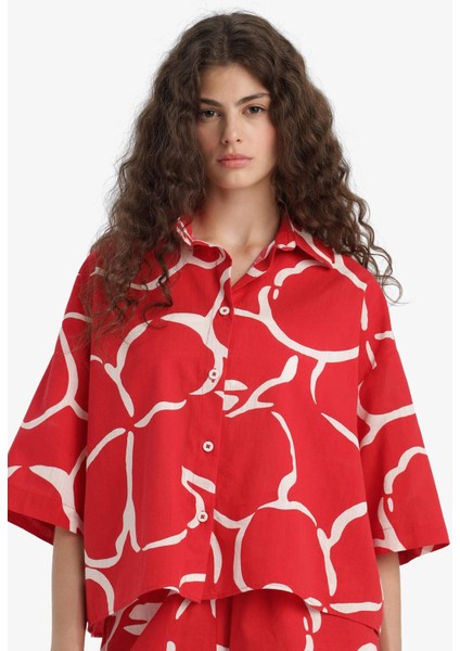 Oversize Geniş Kalıp Desenli Yarım Kollu Gömlek F5338AX25HS