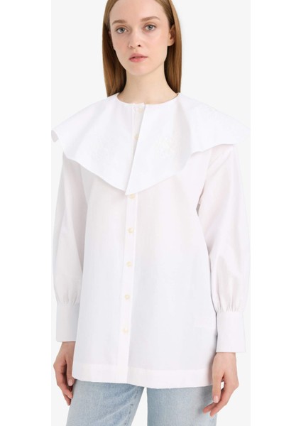 Relax Fit Geniş Yakalı Poplin Uzun Kollu Gömlek Tunik F4557AX25HS