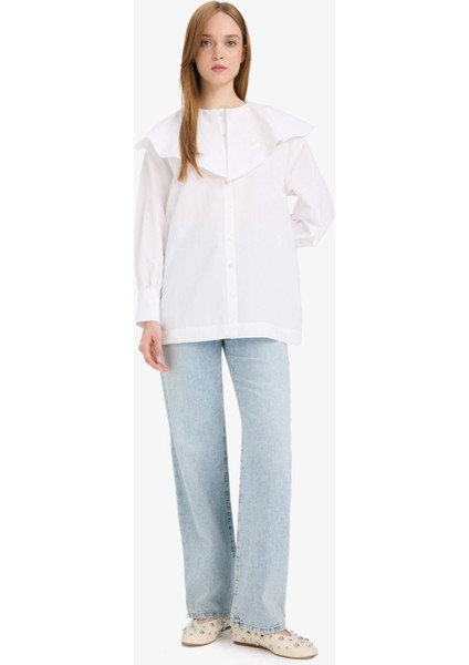 Relax Fit Geniş Yakalı Poplin Uzun Kollu Gömlek Tunik F4557AX25HS